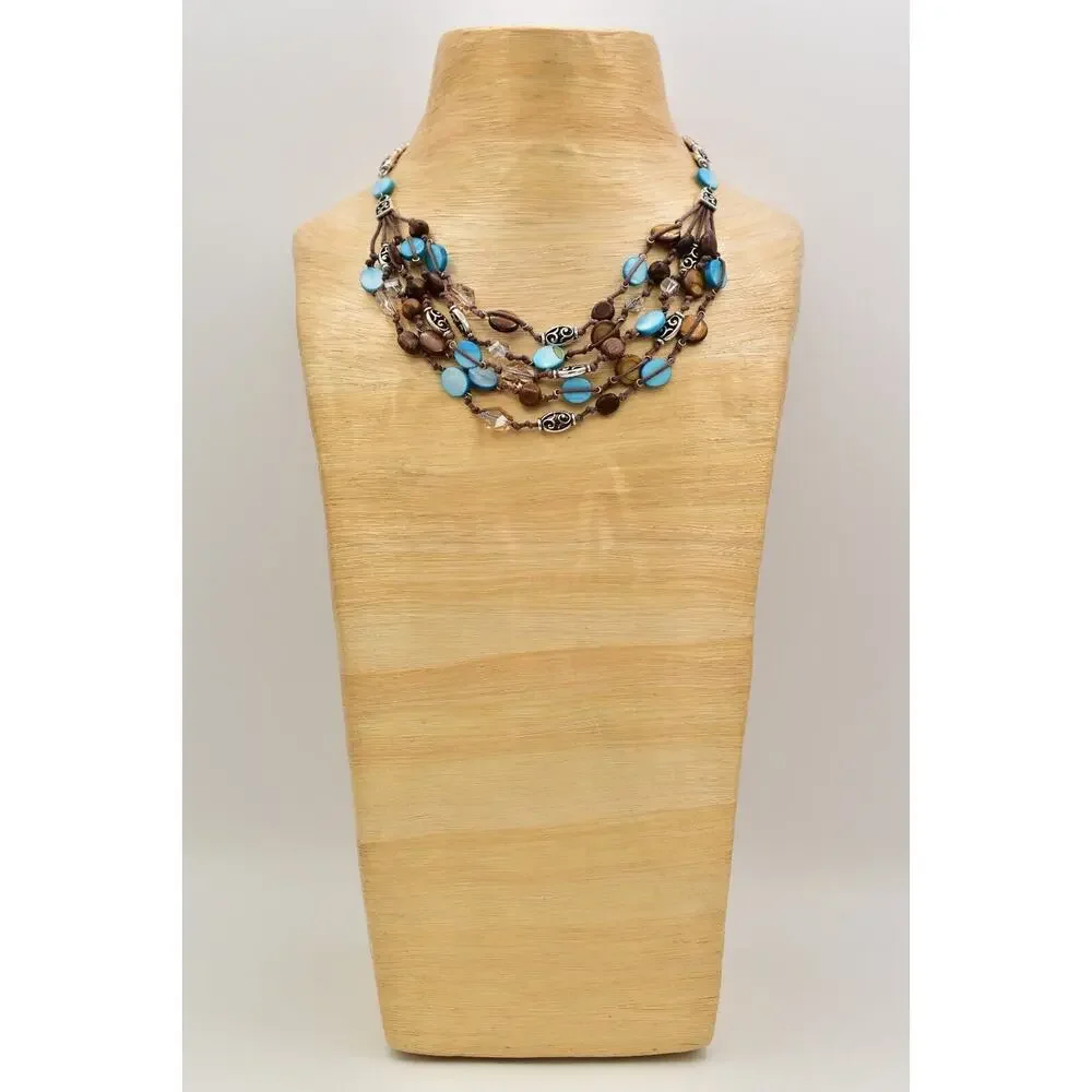 Brighton Blue Shell Beaded Collar Necklace Silver Crystal Wood Layered BinBJ